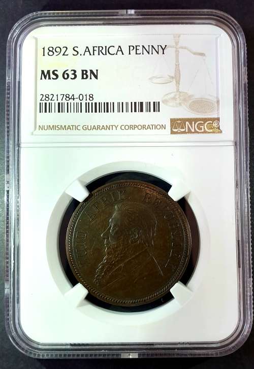1892 ZAR Penny NGC Graded MS63BN High Grade