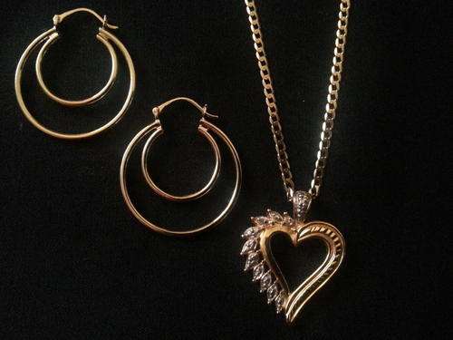Gift Set: 9CT Gold Double hoop earrings, Genuine White Diamond Heart Pendanat & 9CT Gold Chain