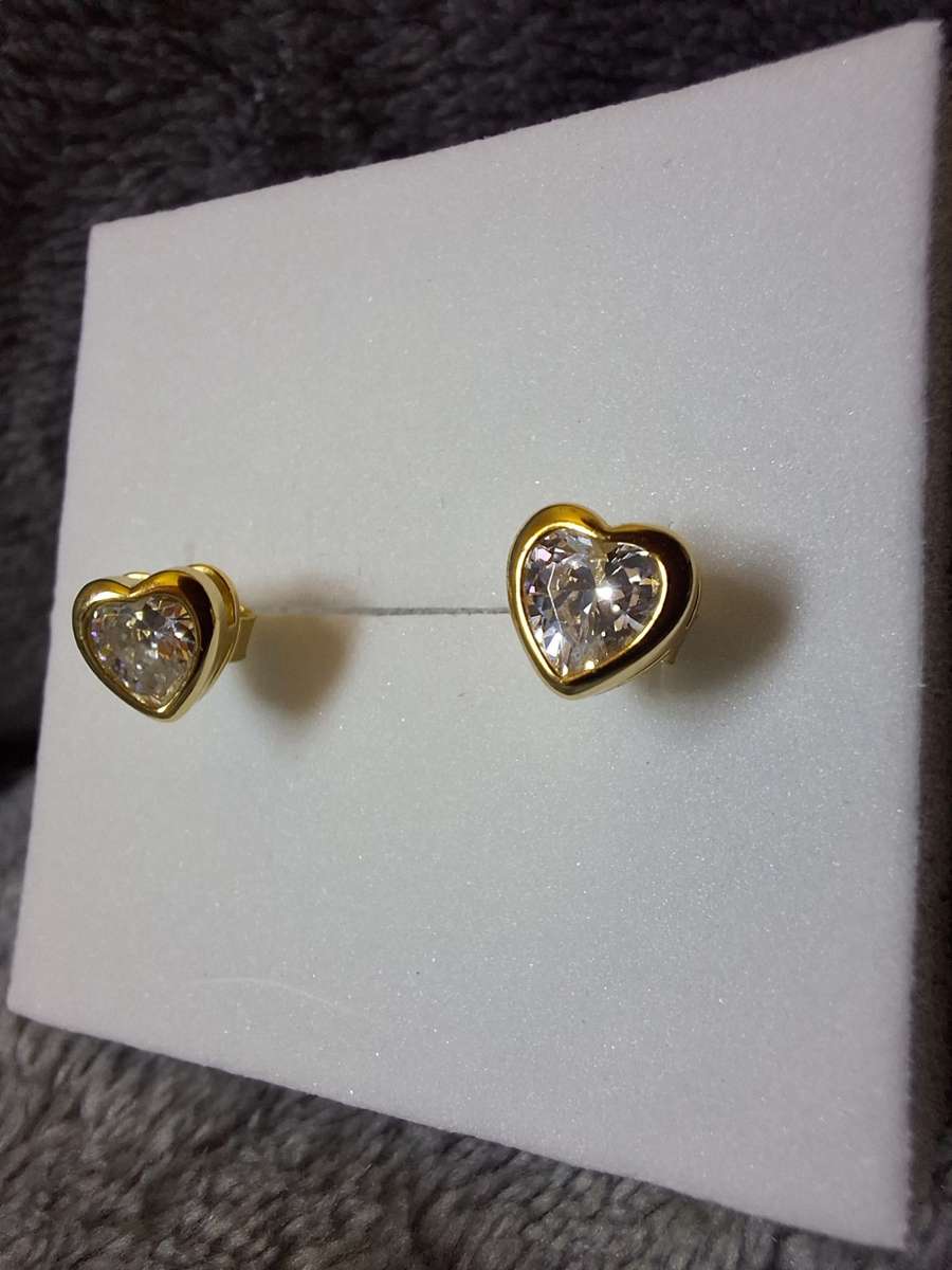 REAL 14K Gold Plated 925 Sterling Silver Heart Shape Earrings With Zircon Stones