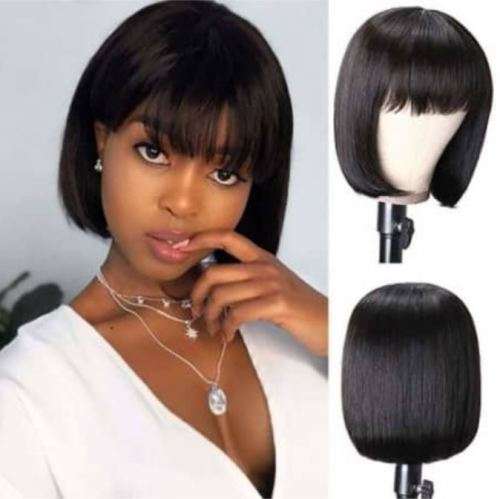 Brazilian Virgin 100% Human Hair Bob Wig with Bangs / Fringe - 8 Inches - Colour 1B