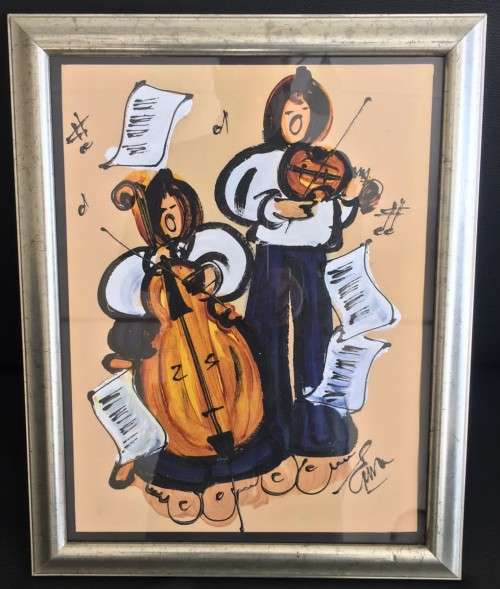 SA LISTED ARTIST - ORIGINAL ERNA BASSON  `STRINGED DUET`  FRAMED OIL PAINTING ON CANVAS ON BOARD