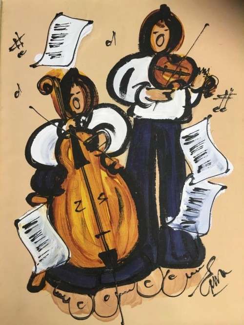 SA LISTED ARTIST - ORIGINAL ERNA BASSON  `STRINGED DUET`  FRAMED OIL PAINTING ON CANVAS ON BOARD