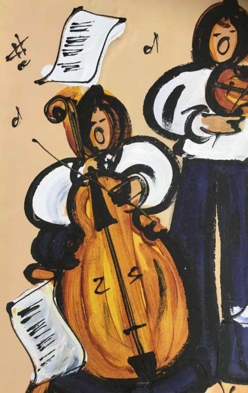 SA LISTED ARTIST - ORIGINAL ERNA BASSON  `STRINGED DUET`  FRAMED OIL PAINTING ON CANVAS ON BOARD