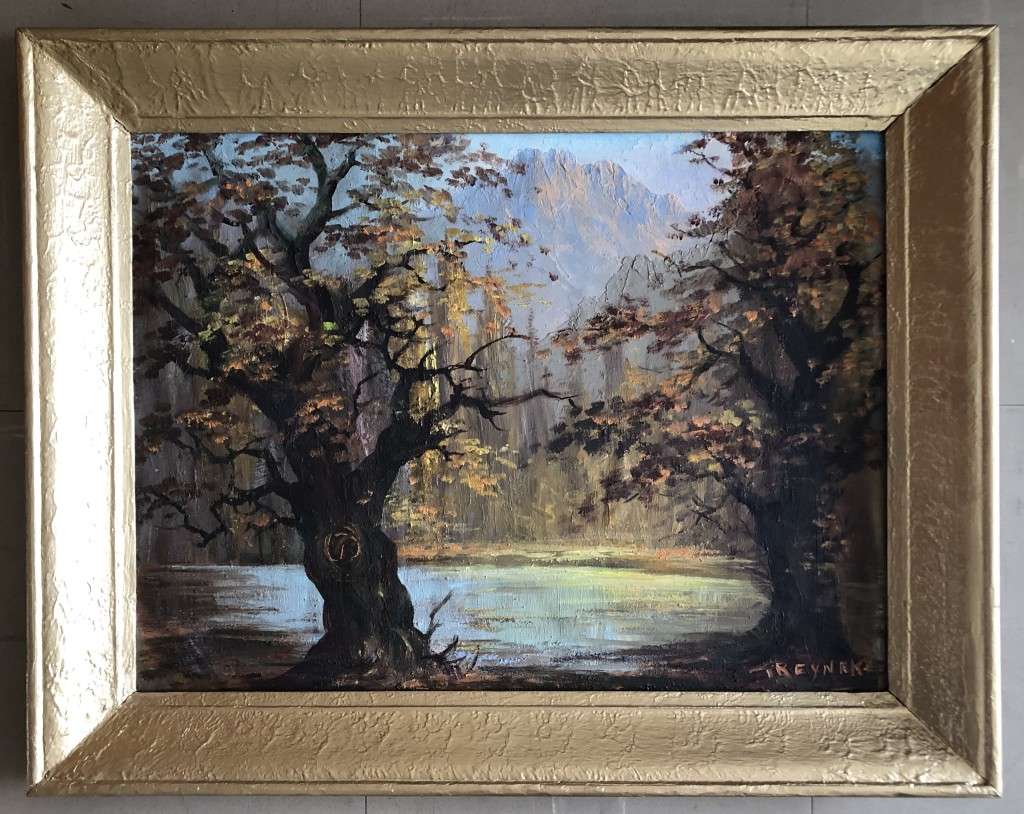 ORIGINAL T REYNEKE - AUTUMN MOUNTAIN LANDSCAPE OIL ON CANVAS PAINTING ATTACHED TO BOARD