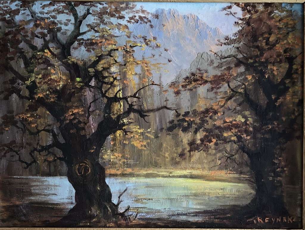ORIGINAL T REYNEKE - AUTUMN MOUNTAIN LANDSCAPE OIL ON CANVAS PAINTING ATTACHED TO BOARD