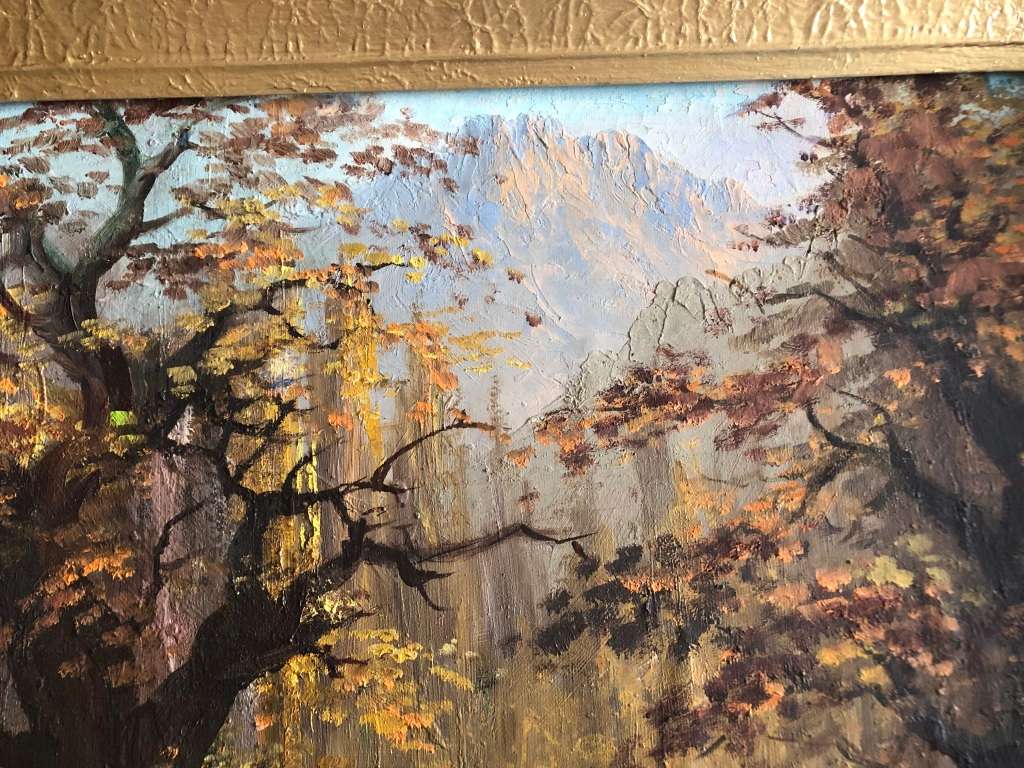 ORIGINAL T REYNEKE - AUTUMN MOUNTAIN LANDSCAPE OIL ON CANVAS PAINTING ATTACHED TO BOARD