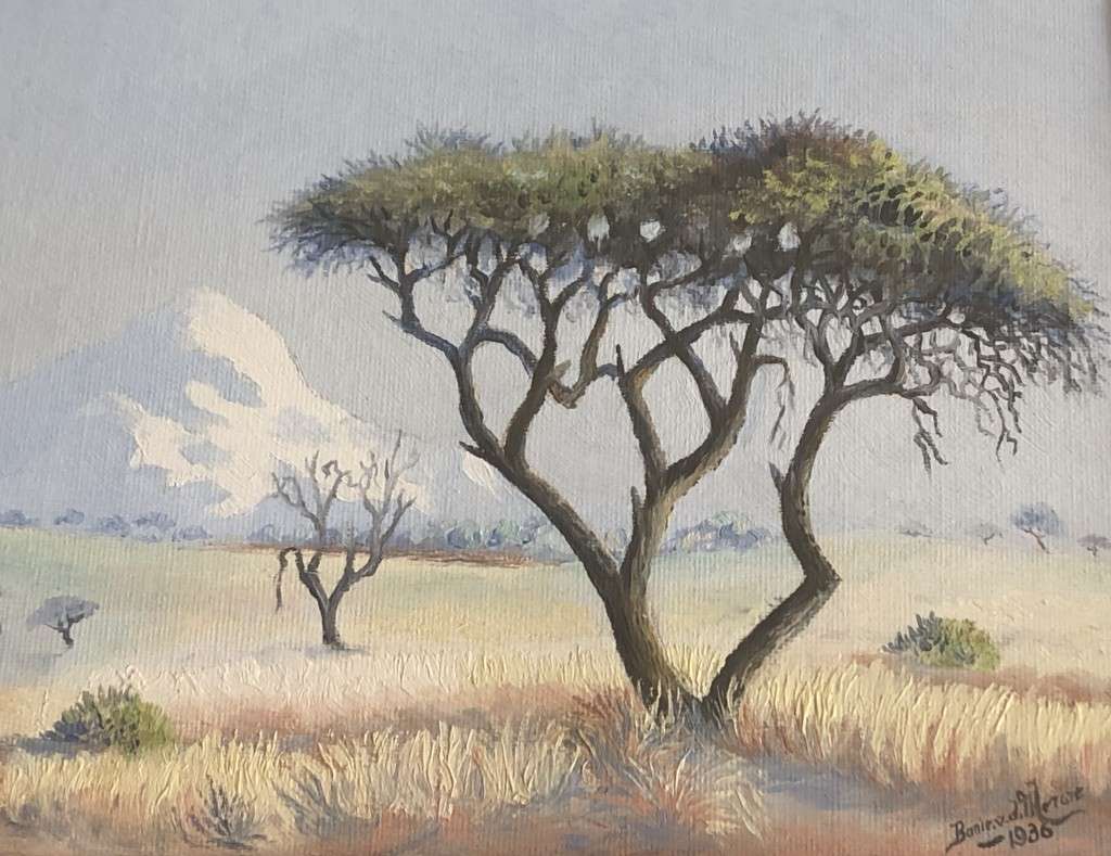 ORIGINAL - BANIE VAN DER MERWE (1903-1972) NAMIBIAN LANDSCAPE - WATERCOLOUR , SIGNED - DATED 1936