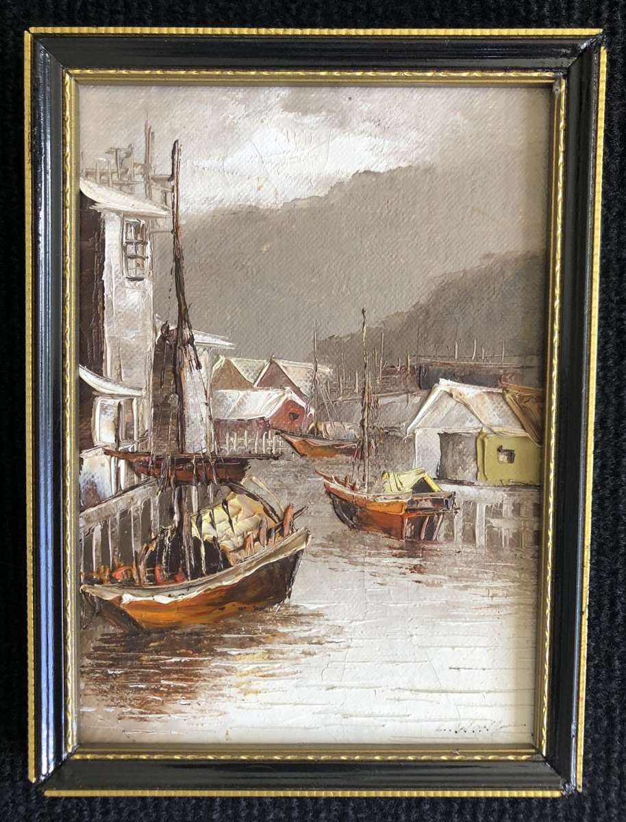 ORIGINAL - L. WONG - JUNK SHIPS IN HARBOUR OIL ON CANVAS ATTACHED TO BOARD - SIGNED