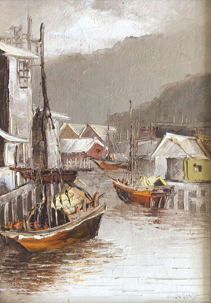 ORIGINAL - L. WONG - JUNK SHIPS IN HARBOUR OIL ON CANVAS ATTACHED TO BOARD - SIGNED