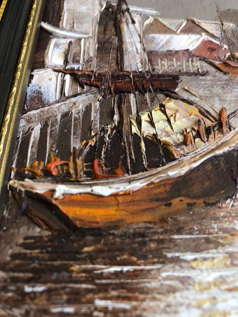 ORIGINAL - L. WONG - JUNK SHIPS IN HARBOUR OIL ON CANVAS ATTACHED TO BOARD - SIGNED