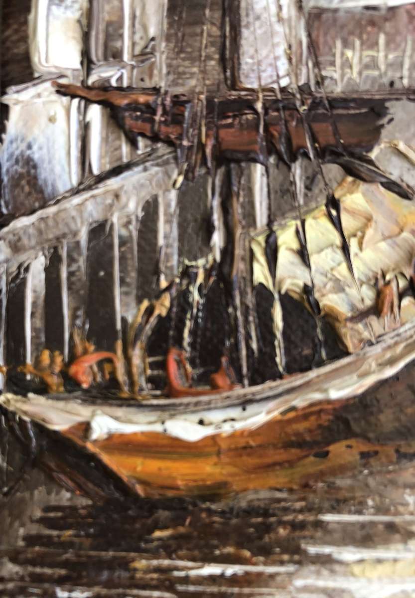 ORIGINAL - L. WONG - JUNK SHIPS IN HARBOUR OIL ON CANVAS ATTACHED TO BOARD - SIGNED