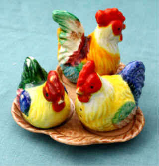 Beautiful and Unusual Rooster & Hens 3 Piece Salt & Pepper Set on Base