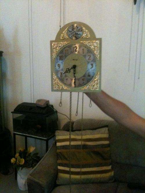 GERMAN GRANDFATHER CLOCK MEG WITH WEIGHTS ,PENJULUM,FACE,CHAINS,,CHIMES