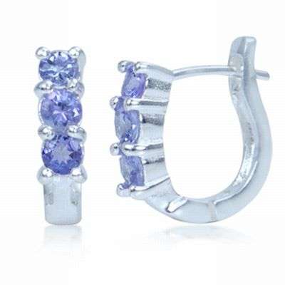 Tantalizing 3-Stone Natural Tanzanite SOLID 925 Sterling Silver Huggie Earrings