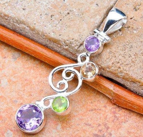 AMETHYST, CITRINE AND PERIDOT SOLID .925 STERLING SILVER PENDANT 45mm
