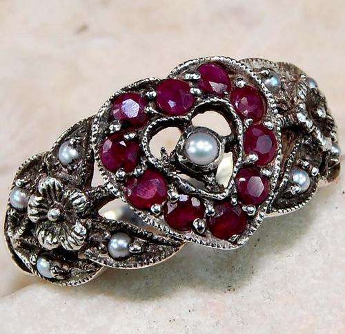 Natural Ruby Seed Pearl SOLID 925 Sterling Silver Victorian Style Heart Ring 6.5
