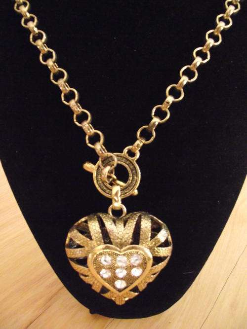 **LAST ONE**Stunning Copper Tone Big  Puffed Heart & Crystal Long Rolo Chain Necklace