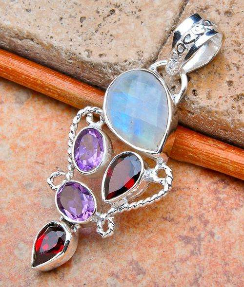 RAINBOW MOONSTONE, AMETHYST, GARNET SOLID .925 STERLING SILVER PENDANT 50mm