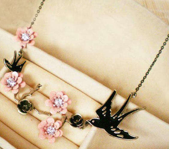 Rhinestone Pink Flower Branch Swallow Necklace