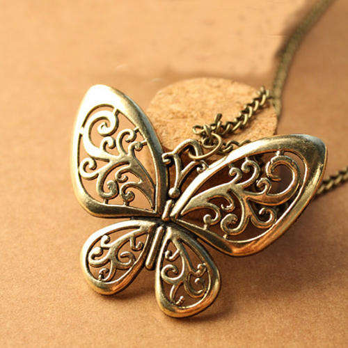 Retro Style Hollow out Bronze Butterfly  Pendant Necklace