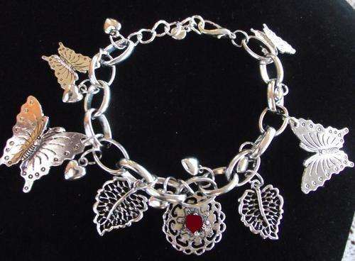 Gorgeous Tibetan Silver Butterfly, leafs and Hearts, Red Rhinestone Charm Bracelet