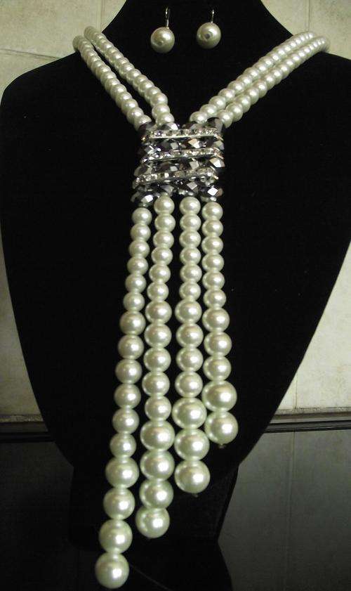 Long  Faux Pearls  and Crystal Pendant Necklace & Earrings set