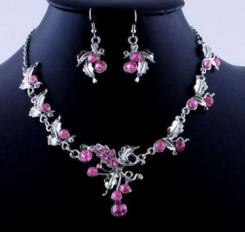 Leaf Bridal Pink Necklace and Earrings Set