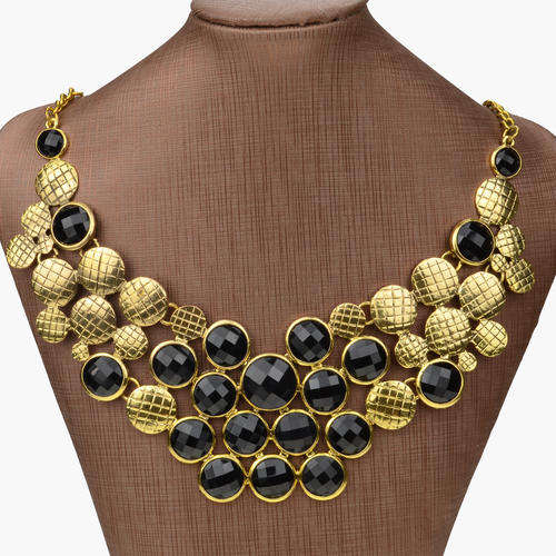 Fashion Gold Plated Carved Black Multi Gem  Necklace