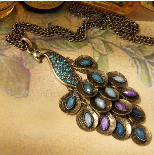Antiqued Peacock Crystal Multi Sequen Pendant Necklace