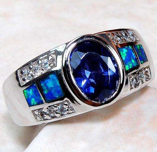 Tanzanite Australian Opal White Topaz 925 Solid Sterling Silver Ring Sz 6