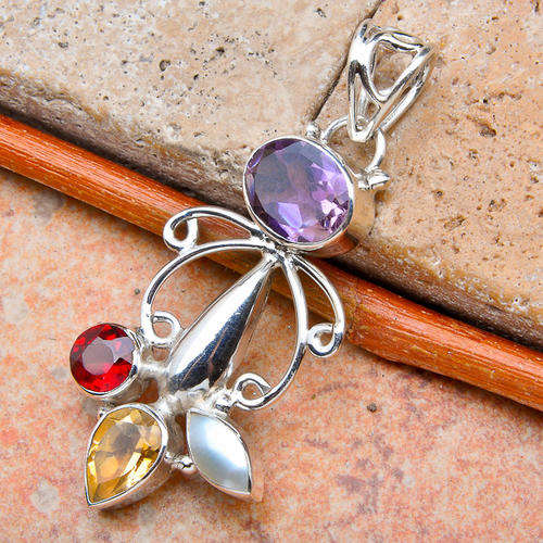 AMETHYST, CITRINE, GARNET, PEARL .925 SOLID STERLING SILVER PENDANT 1 7/8"