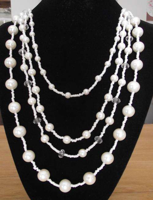 Long 4 Strings Pearl, Seed & Crystal Beads Necklace