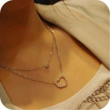 Girls Silver Two-double Diamond Heart Clear Crystal Pendant Necklace