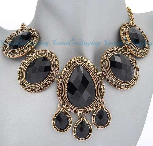SILVER Retro Black Oval & Teardrop Resin Stones Adorned Pendant Necklace (Read item description)