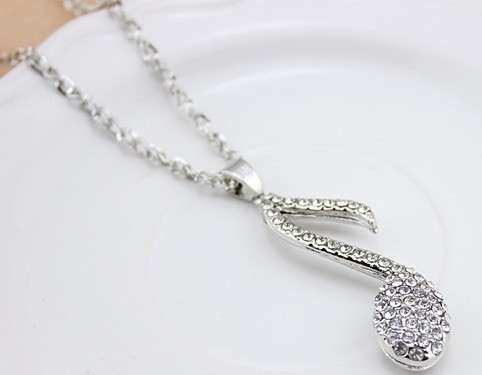 Lovely Silver Plated  Crystal  Music Note Long Necklace Pendant