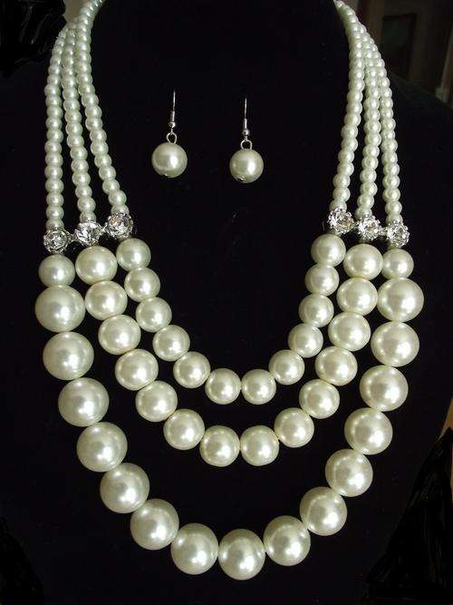 Pearl and Crystal 3 Strings Necklace & Earrings Set (Free Gift Box)
