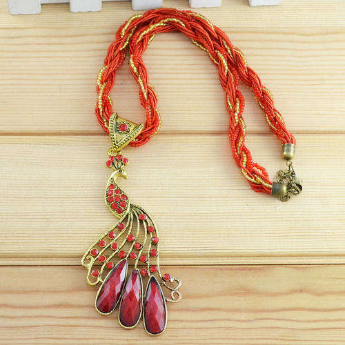 Vintage Look Red Crystal and Resin Stones Peacock Millet Chain Necklace