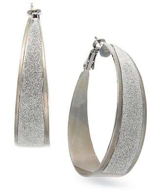 SILVER TONE OVAL MICRO GLITTER HOOP EARRINGS