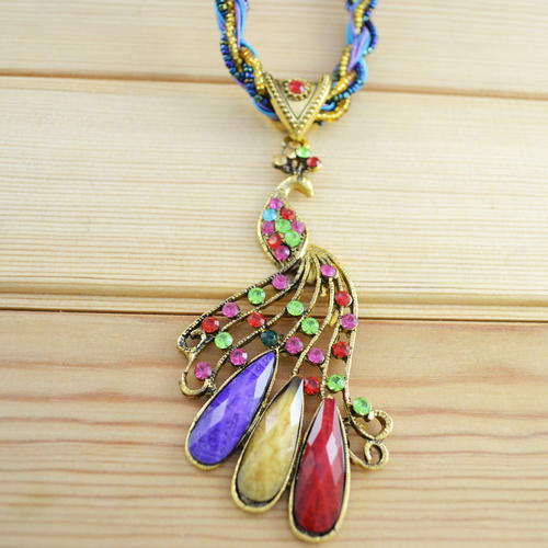 Vintage Look Multi-Colour Crystal and Resin Stones Peacock Millet Chain Necklace