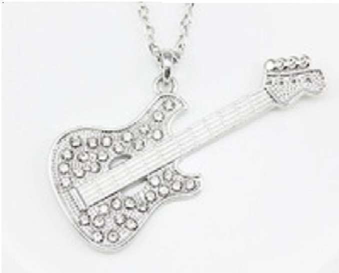 Lovely Silver Tone Rhinestone Crystal Guitar Pendant Necklace
