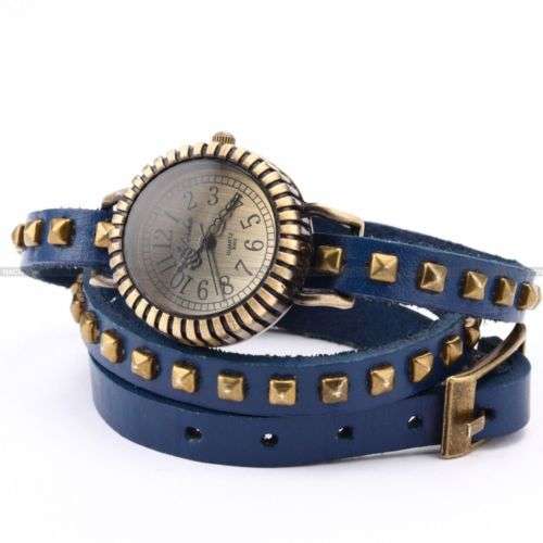 Retro Leather Strap Wrap Around Quartz Bracelet Watch - BLUE