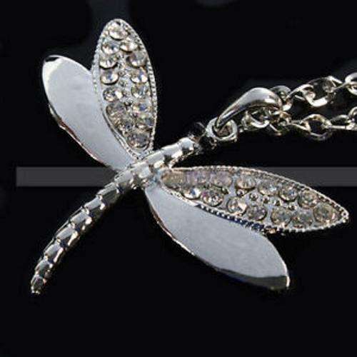 Large Silver Tone and Rhinestone Dragonfly Pendant Necklace