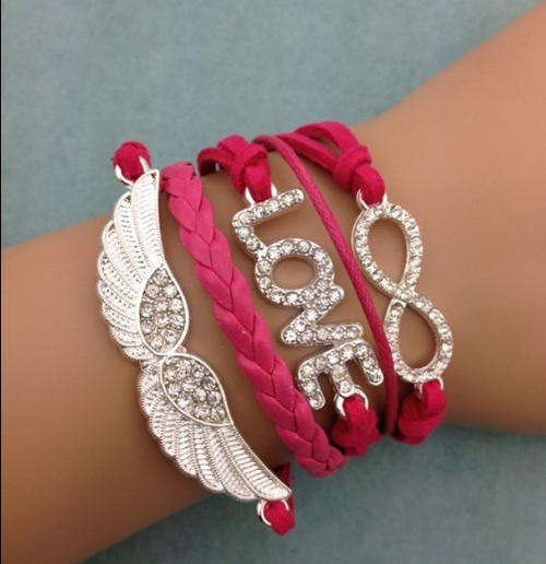 Pink Infinity Rhinestone Love Angel Wings Charm Bracelet