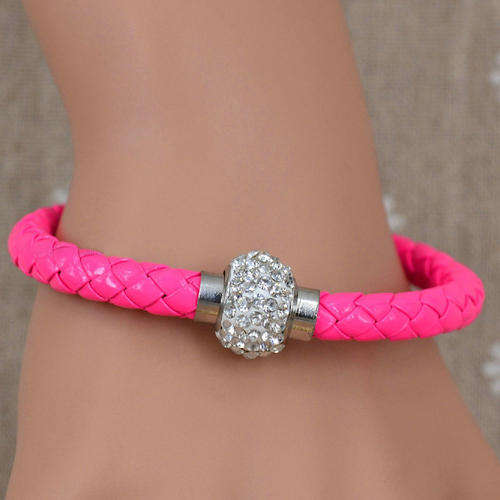 Hot Pink Leather Wrap Wristband Cuff Punk Magnetic Rhinestone Buckle Bracelet Bangle