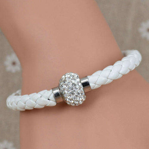 White Leather Wrap Wristband Cuff Punk Magnetic Rhinestone Buckle Bracelet Bangle