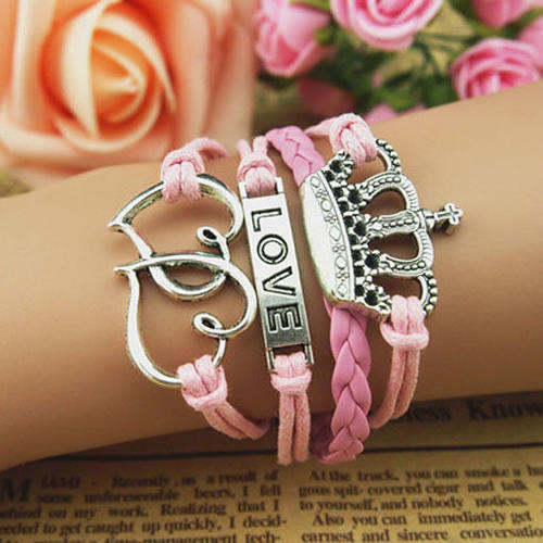 PINK Infinity Crown  Heart Love Charm Bracelet