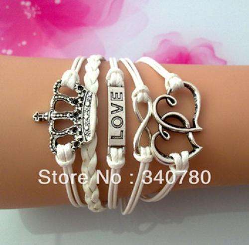 White Infinity Crown  Heart Love Charm Bracelet