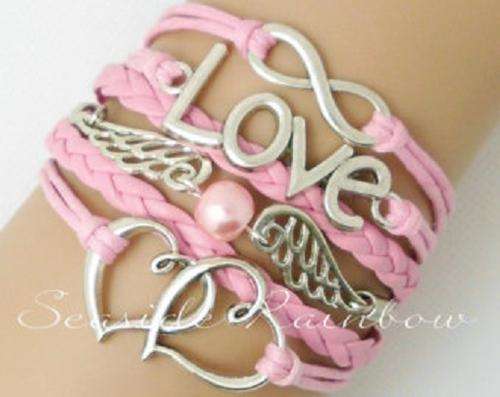 Pink Infinity Pearl Wings Love Leather Cute Charm Bracelets
