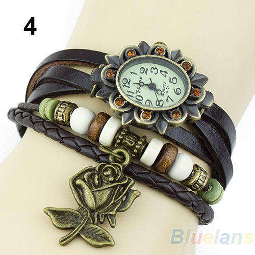 Hot Stunning Brown Women Retro Leather Bracelet Rose Flower Quartz Wrist Watch