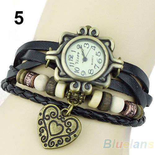 Hot Stunning BROWN Women Retro Leather Bracelet Heart Quartz Wrist Watch